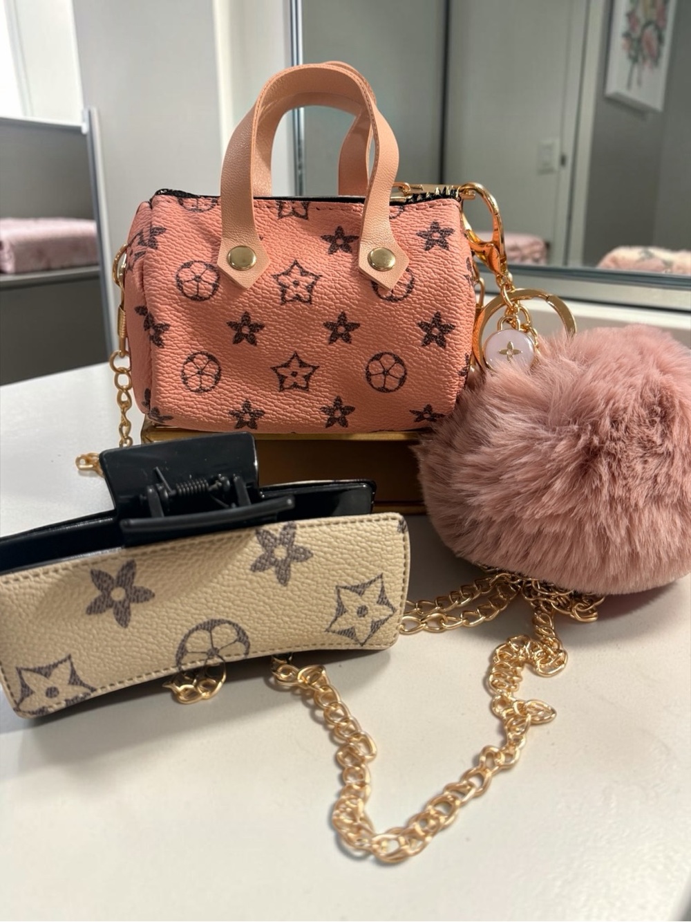 Pink Mini Barrel Crossbody Bag + Hair Claw Clip & Faux Pom Pom with skittle NEW